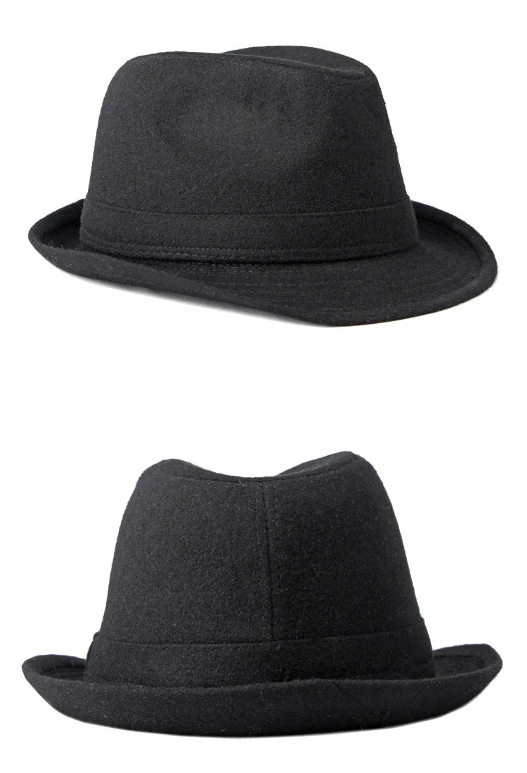 Two views of a classic black felt fedora jazz hat with a structured brim and pinched crown, on a white background.
