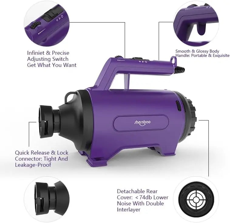 A purple professional pet hair dryer featuring a portable handle, adjustable speed switch, and quick-release nozzle.