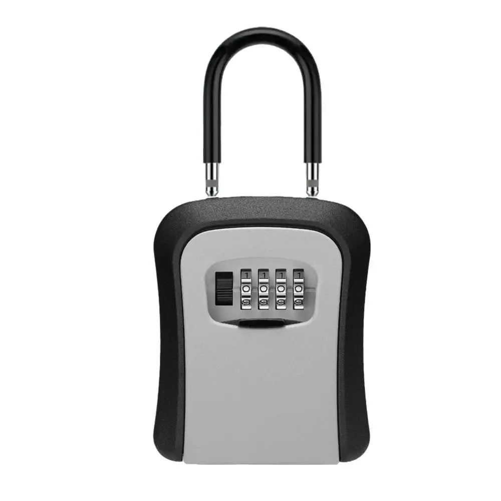 Black and grey metal key lock box with a shackle and a four-digit combination dial.