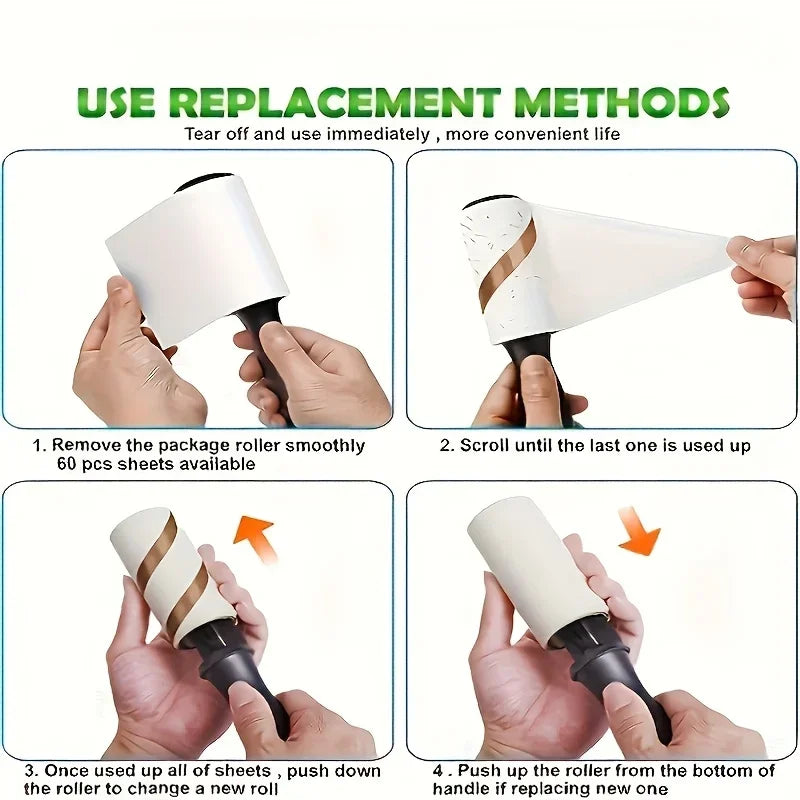 Four-step instructional guide on how to replace the adhesive sheets on a black and white lint roller.