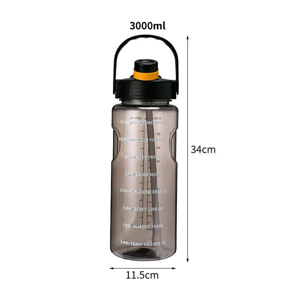 3000ml grey motivational water bottle with black lid, straw, carry handle, and time markers on the side.