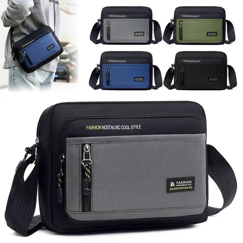 Versatile men’s crossbody bag with an adjustable strap, front zip pocket, and various colour options for travel.