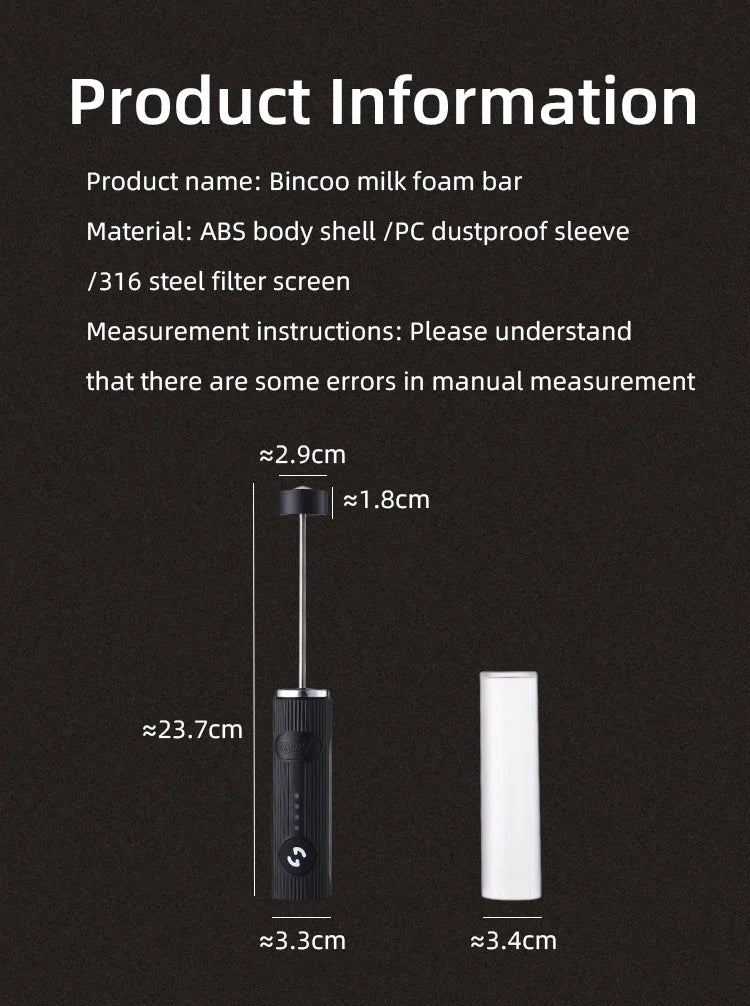 A black handheld milk frother with a metal whisk and white protective sleeve, showing product dimensions and specs.