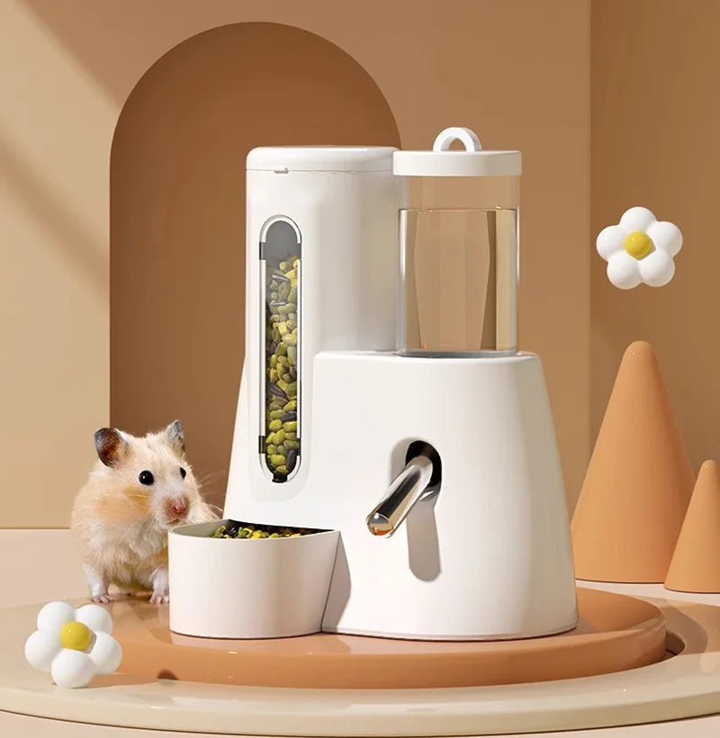 Minimalist white automatic pet feeder and water dispenser for small animals, featuring a clear seed storage container.