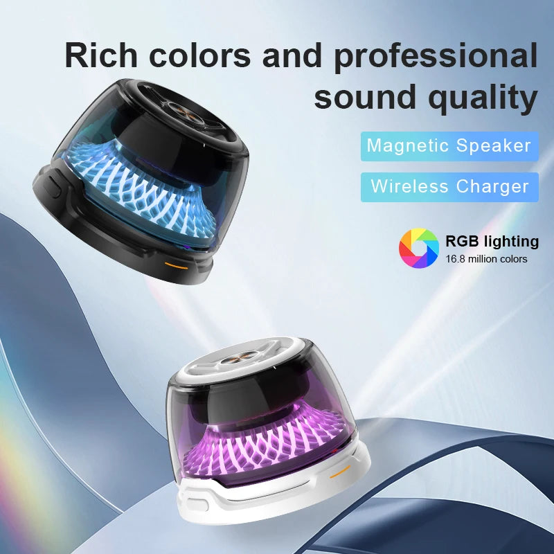 Two portable magnetic mini Bluetooth speakers in black and white with glowing RGB internal light effects.