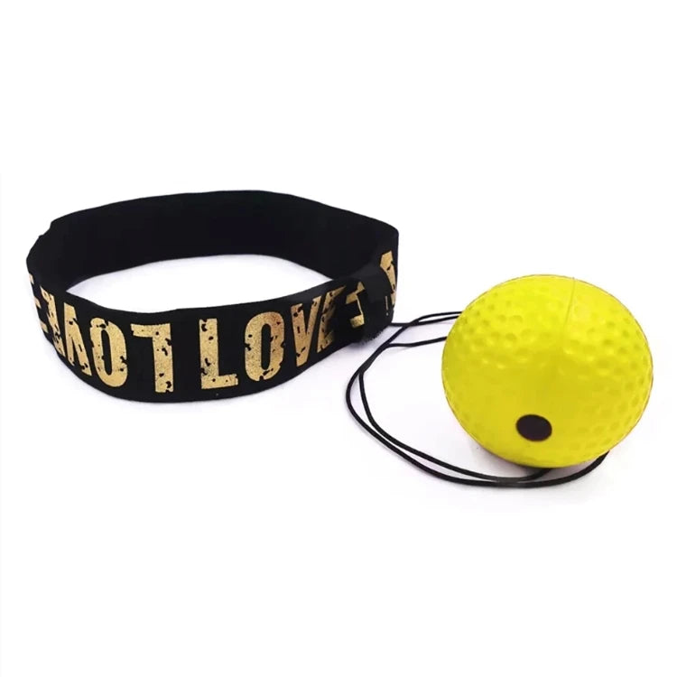 Boxing reflex ball set with a bright yellow ball attached by a black elastic cord to a black fabric head strap.