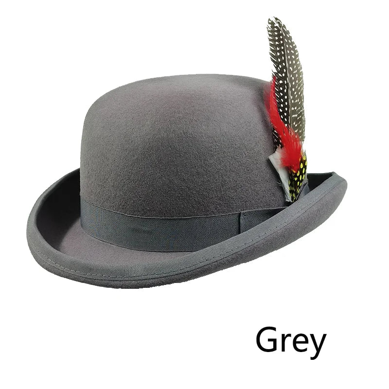 Classic grey wool bowler hat with a vintage style, grosgrain ribbon band, and a decorative red and spotted feather.