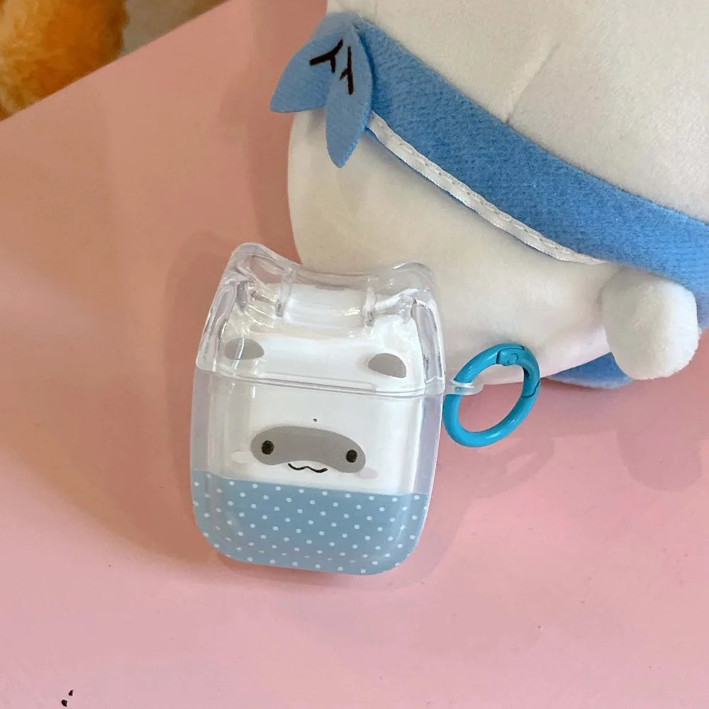Clear plastic AirPods case featuring a cute blue polka-dot animal design with a matching blue ring clip.