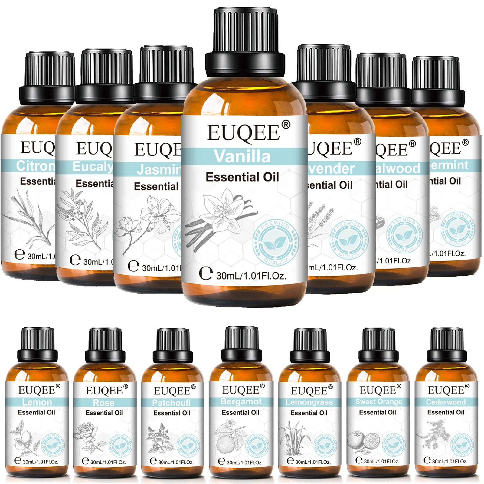 Set of 14 amber glass bottles of essential oils, 30ml each, with black dropper caps and illustrated white labels.