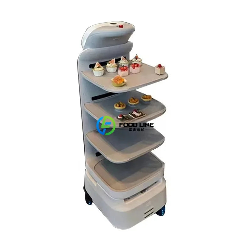 A grey and white multi-tiered serving robot carrying food items on its trays.