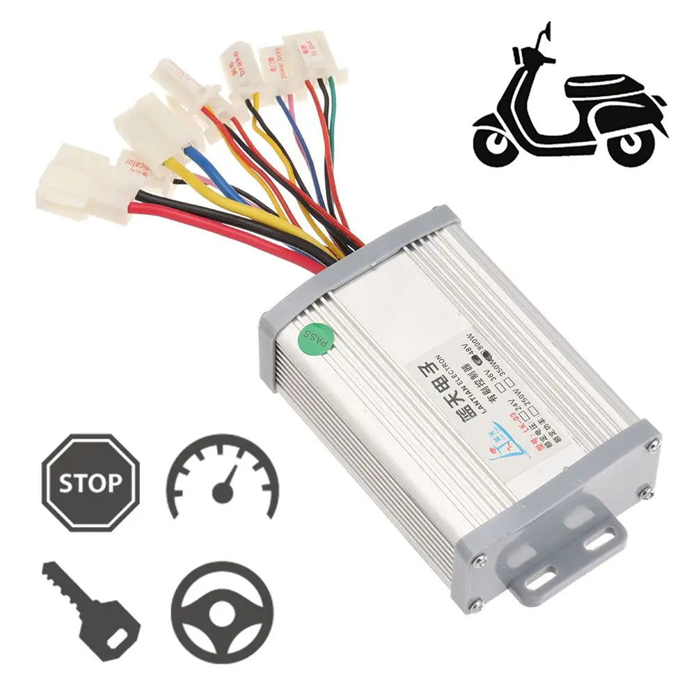 Silver rectangular brushed electric bike controller with multiple colorful wires and white connectors.