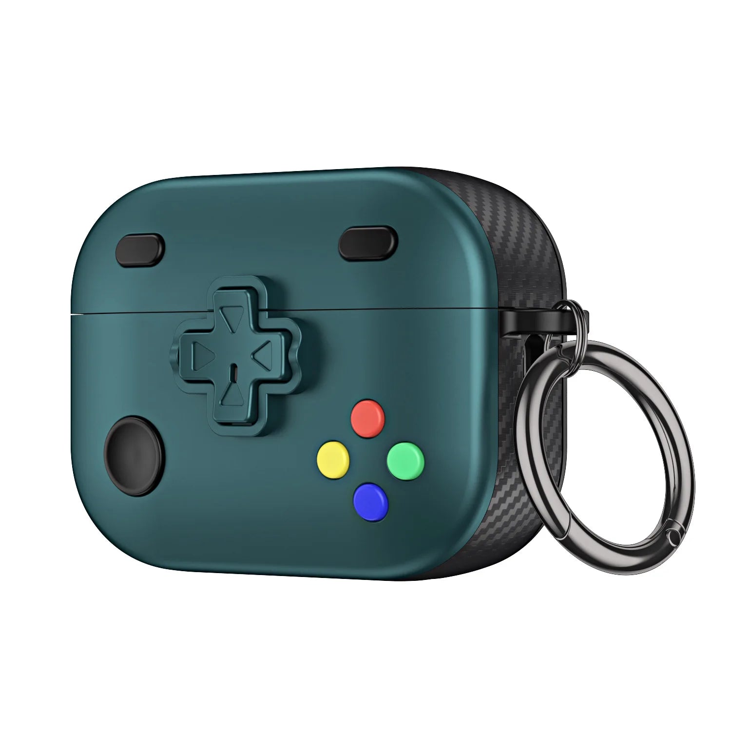 Dark green retro game controller AirPods Pro case with carbon fibre texture and keyring.