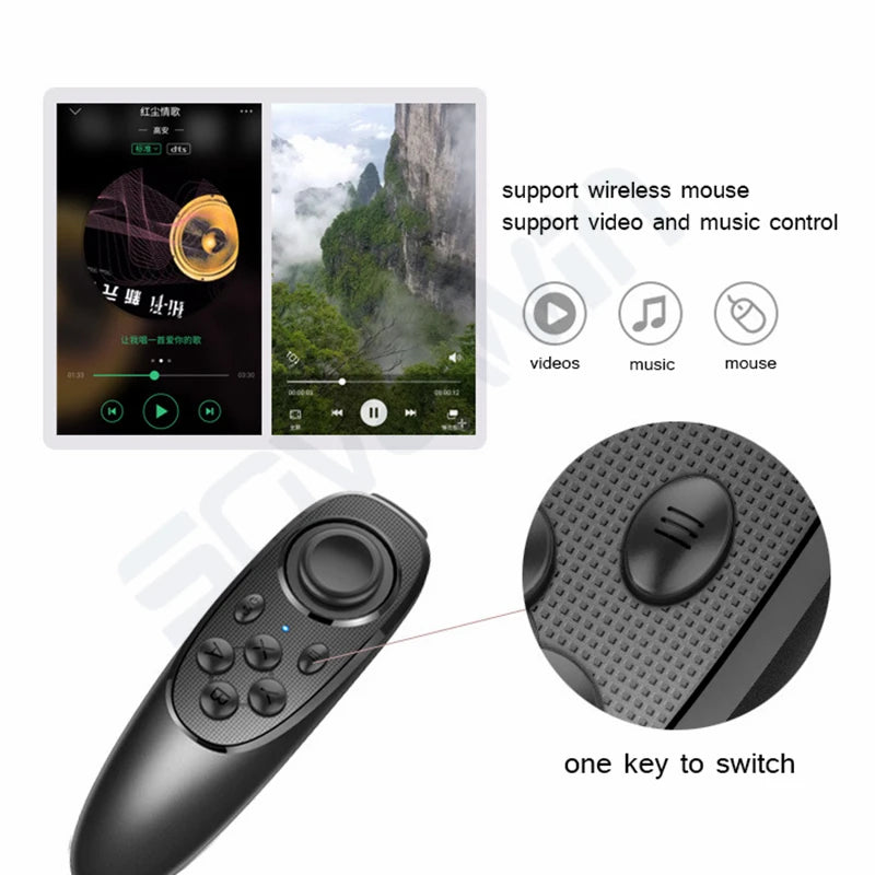 Black VR remote control with joystick, buttons, and one-key switch feature for video, music, and mouse navigation.
