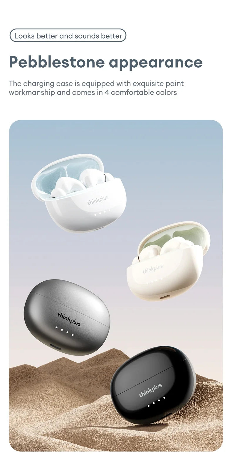 Four pebble-shaped wireless earbud charging cases in white, beige, silver, and black, arranged over a sand background.