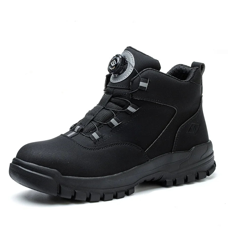 Black high-top safety work boot with a rotating dial lacing system, reinforced toe, and lugged rubber sole.