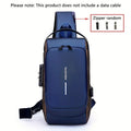Blue waterproof anti-theft crossbody sling bag with a USB charging port, combination lock, and single shoulder strap.