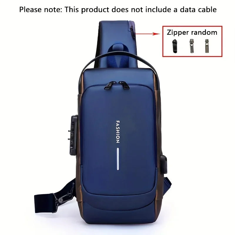 Blue waterproof anti-theft crossbody sling bag with a USB charging port, combination lock, and single shoulder strap.