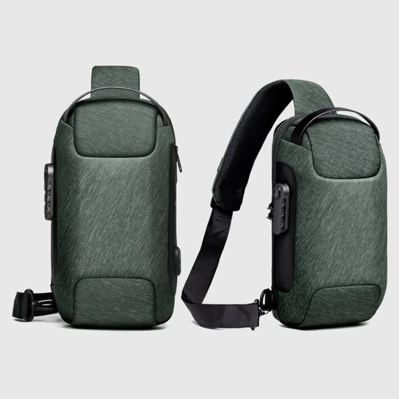 Dark green, slimline anti-theft crossbody chest bag featuring a built-in USB port and secure combination lock.