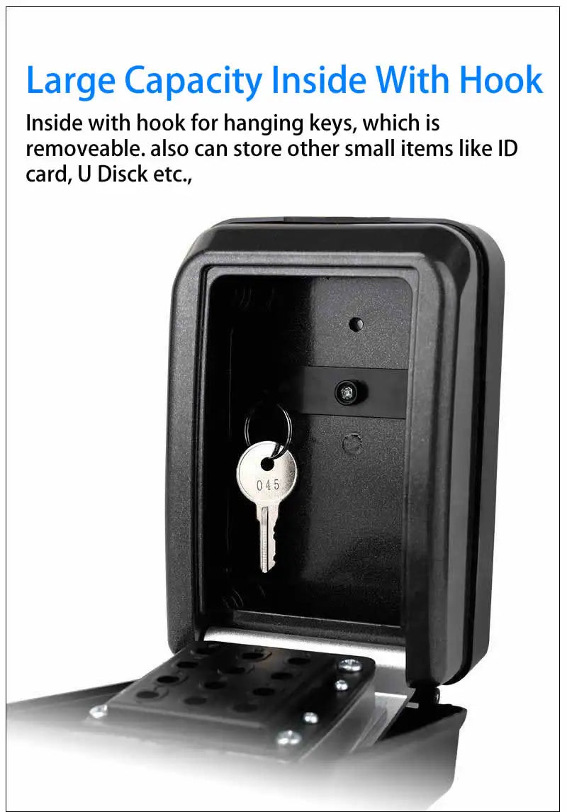Black metal wall-mounted key lock box with an open door, interior hook, and a single key hanging inside.