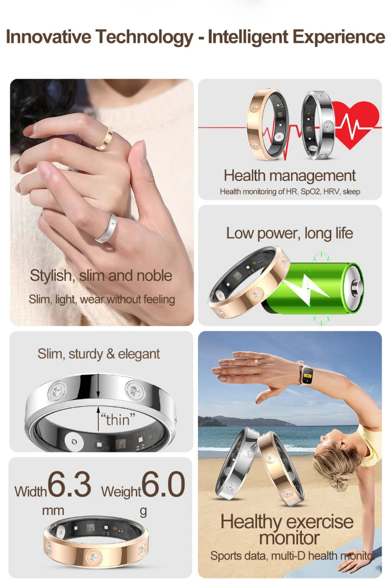 Slim smart fitness rings in rose gold and silver featuring health monitoring sensors and a lightweight, elegant design.
