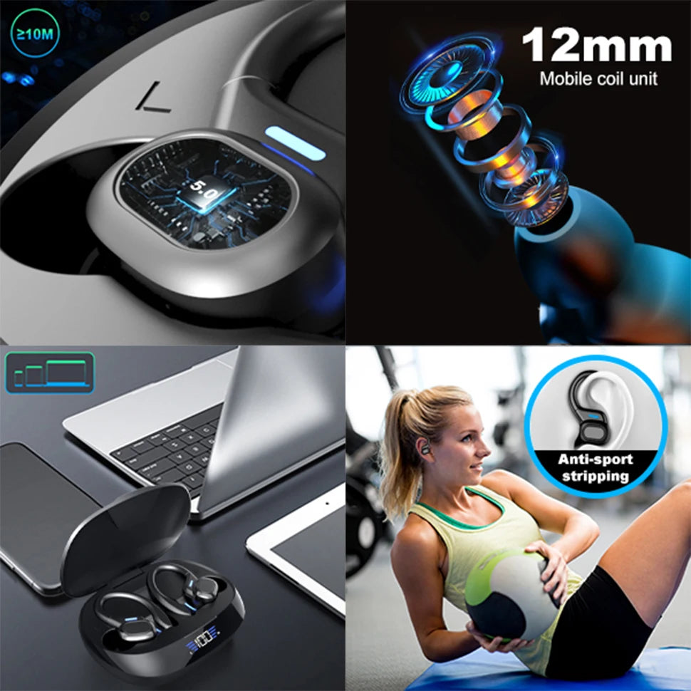 Black wireless sport earbuds with ear hooks, charging case with LED display, and 12mm drivers for high-quality audio.
