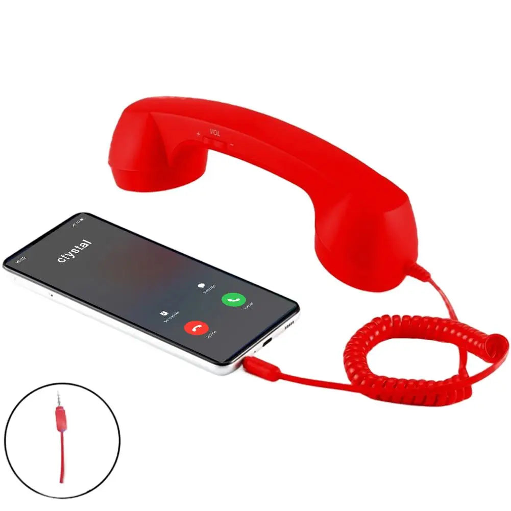 Bright red retro-style telephone handset with a coiled cable, plugged into a smartphone for hands-free calling.