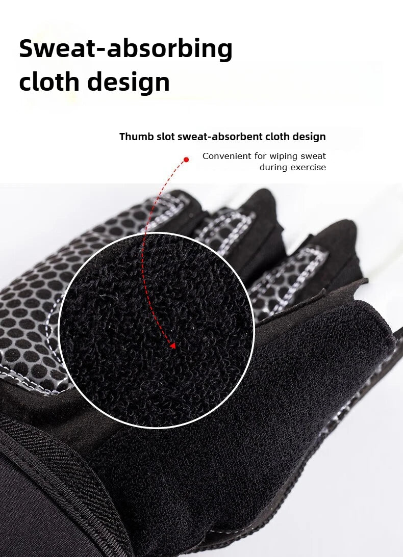 Black fingerless gym gloves with a textured, sweat-absorbent fabric patch on the thumb for wiping away sweat.