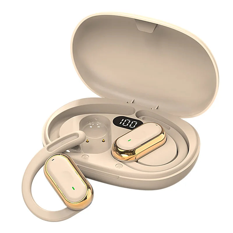 Beige wireless earbuds with ear hooks and gold accents in an open charging case featuring a digital battery display.