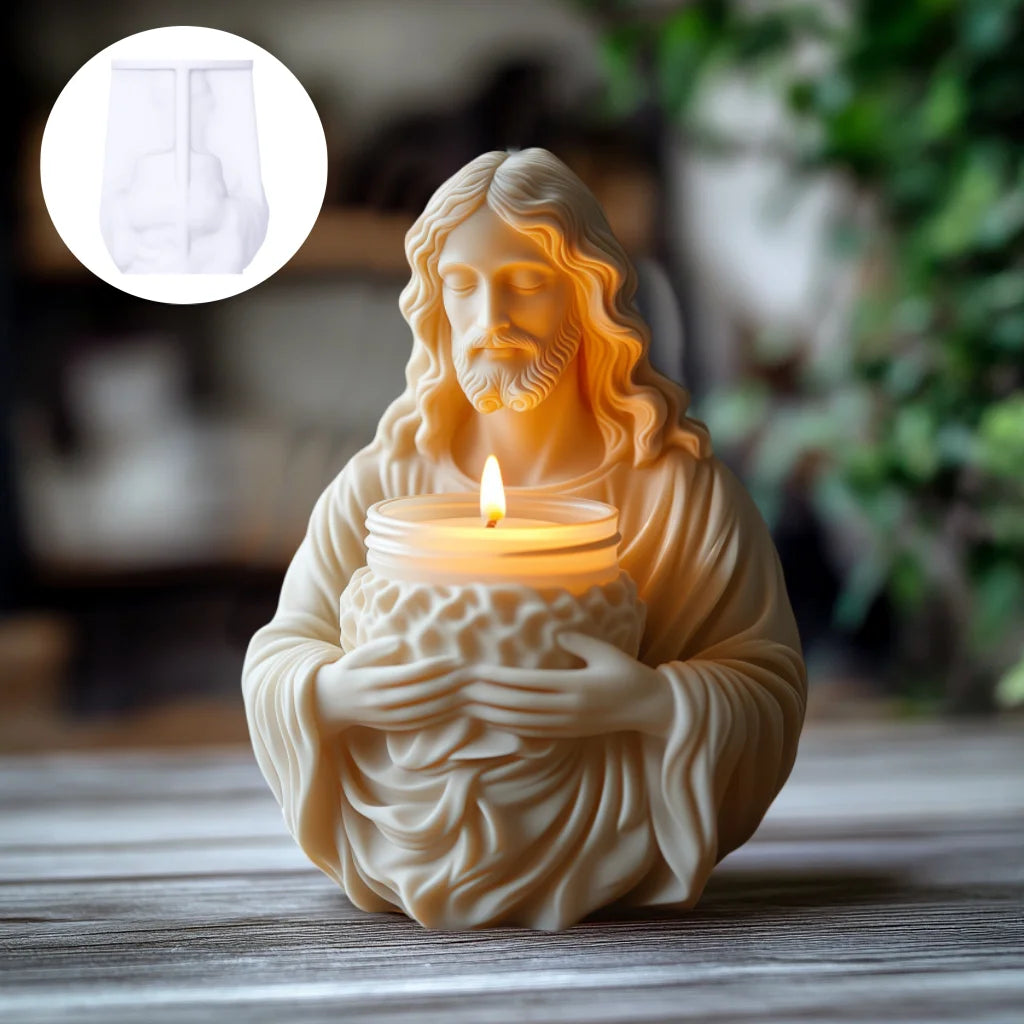 Beige resin candle holder shaped like Jesus holding a textured bowl with a lit candle, with inset mold view.