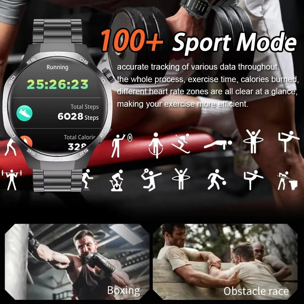 Sleek, gunmetal grey smartwatch with a round touchscreen display tracking steps, calories, and sports modes.