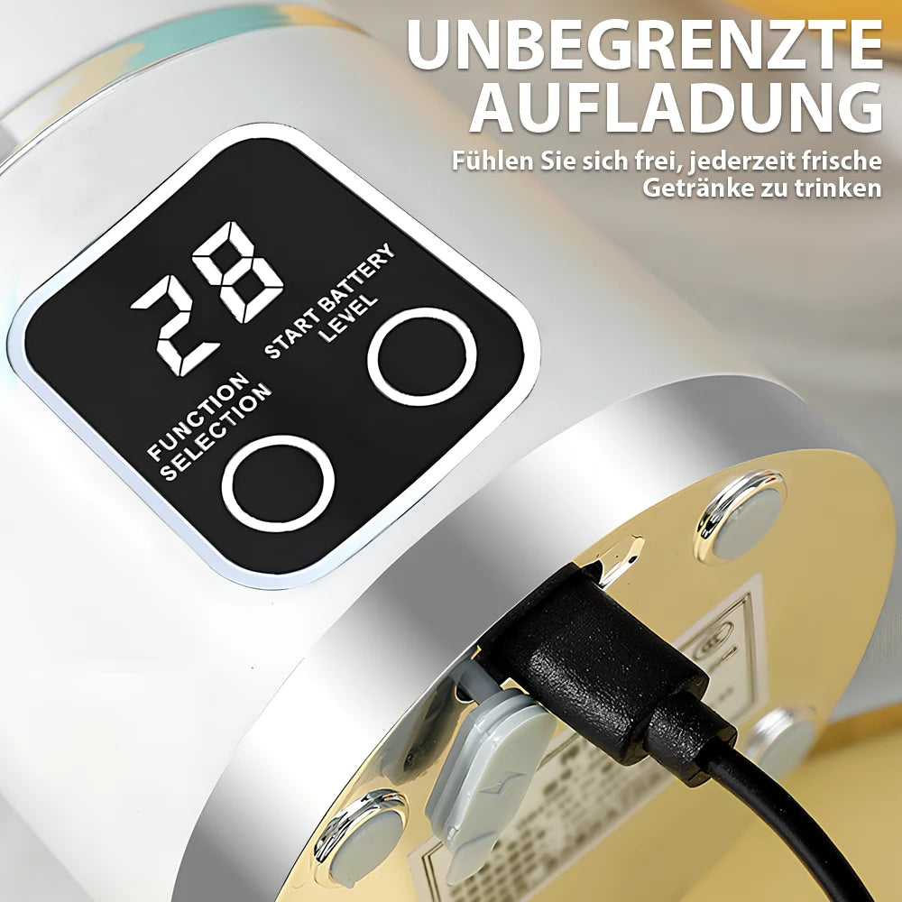 Silver electronic device with a digital display, two circular buttons, and a charging port with a USB cable.