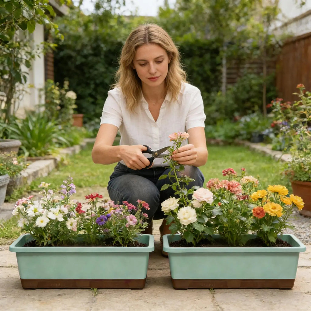 Woman pruning flowers in two sage-green, rectangular self-watering planters sitting on a stone patio in a garden.