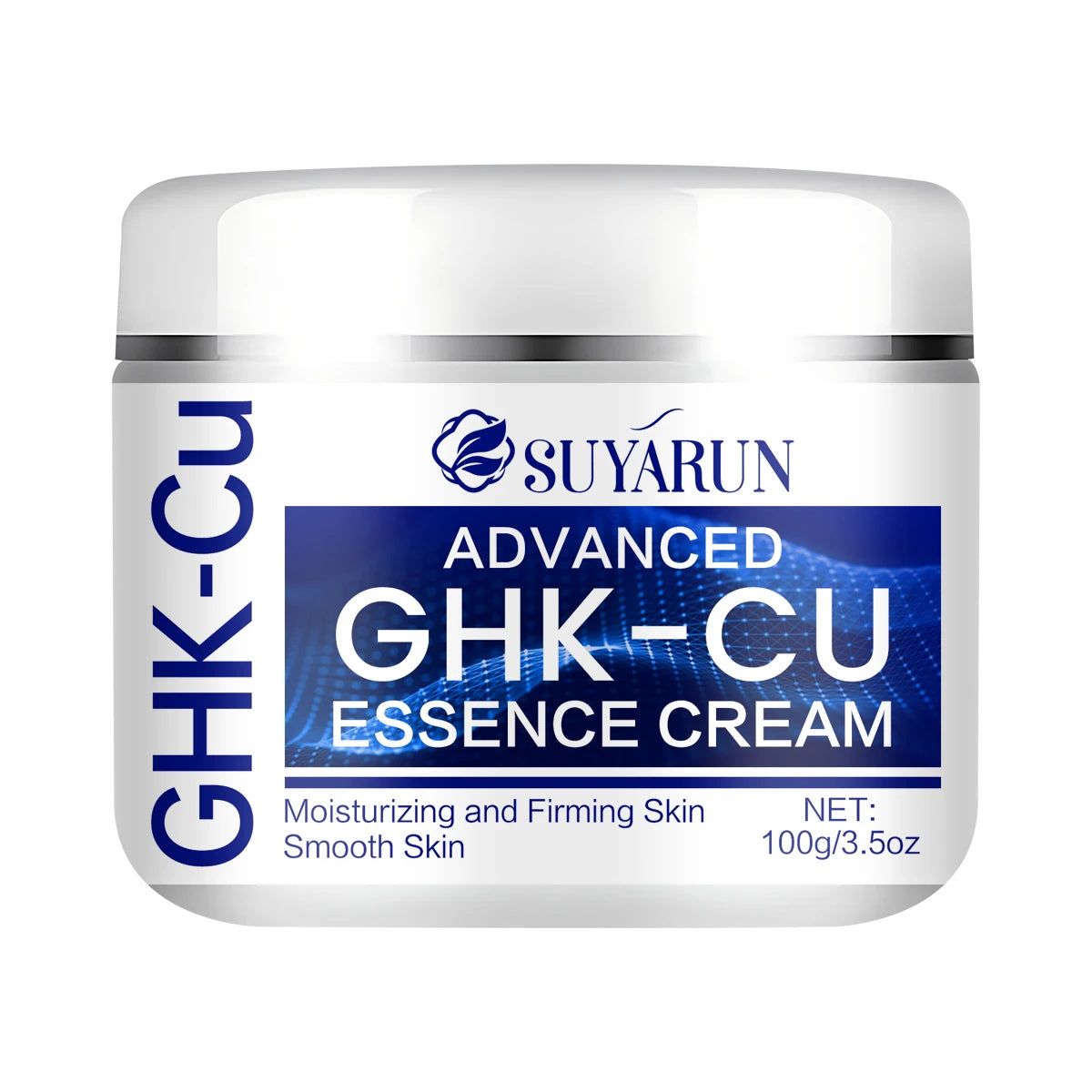 White 100g jar of GHK-Cu moisturizing and firming face cream with a blue graphic label.
