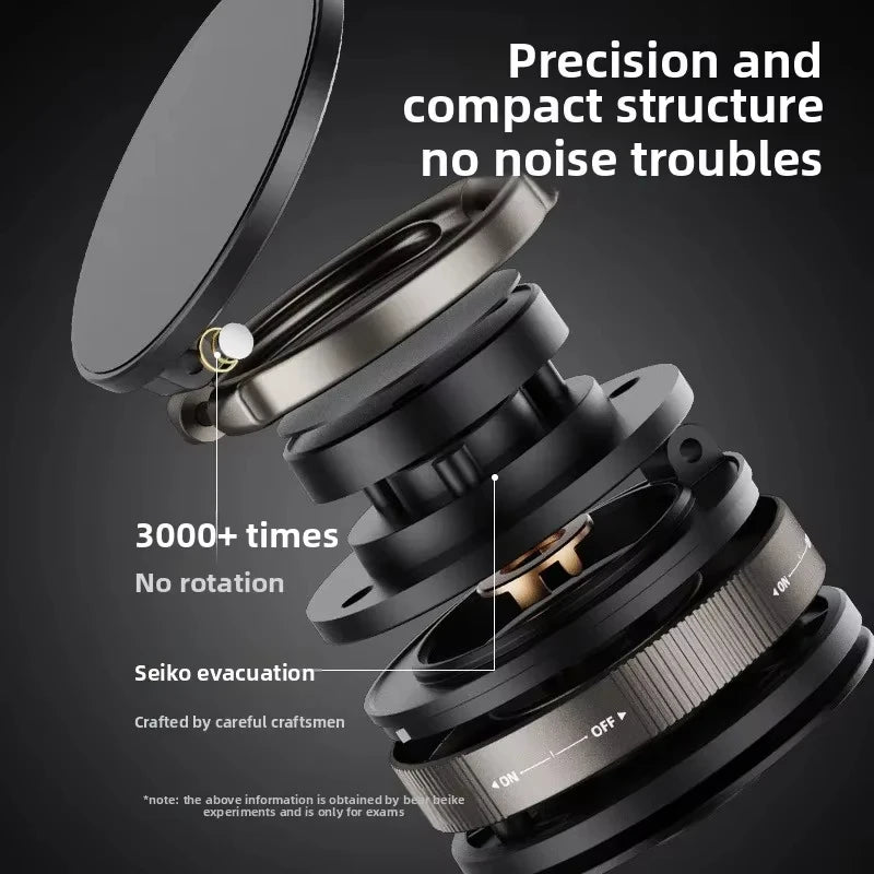Exploded view of a matte black, compact circular mechanical component with gold accents and "ON/OFF" markings.