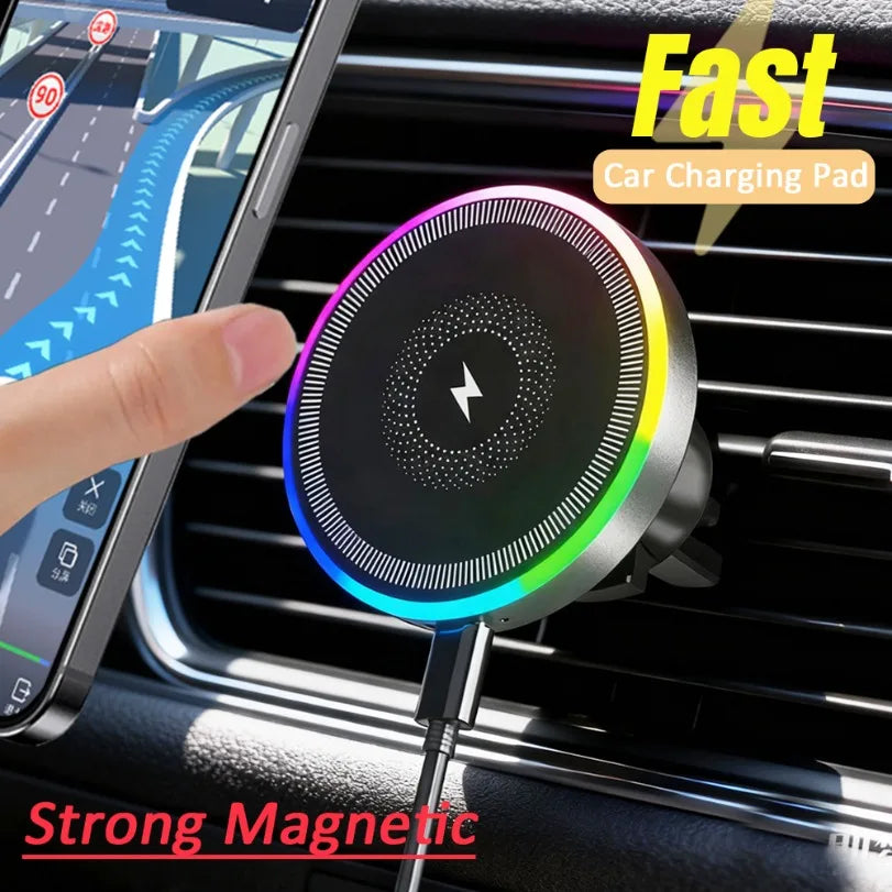 Round magnetic car phone charger with a sleek black finish and a colorful RGB LED ring light mounted on an air vent.