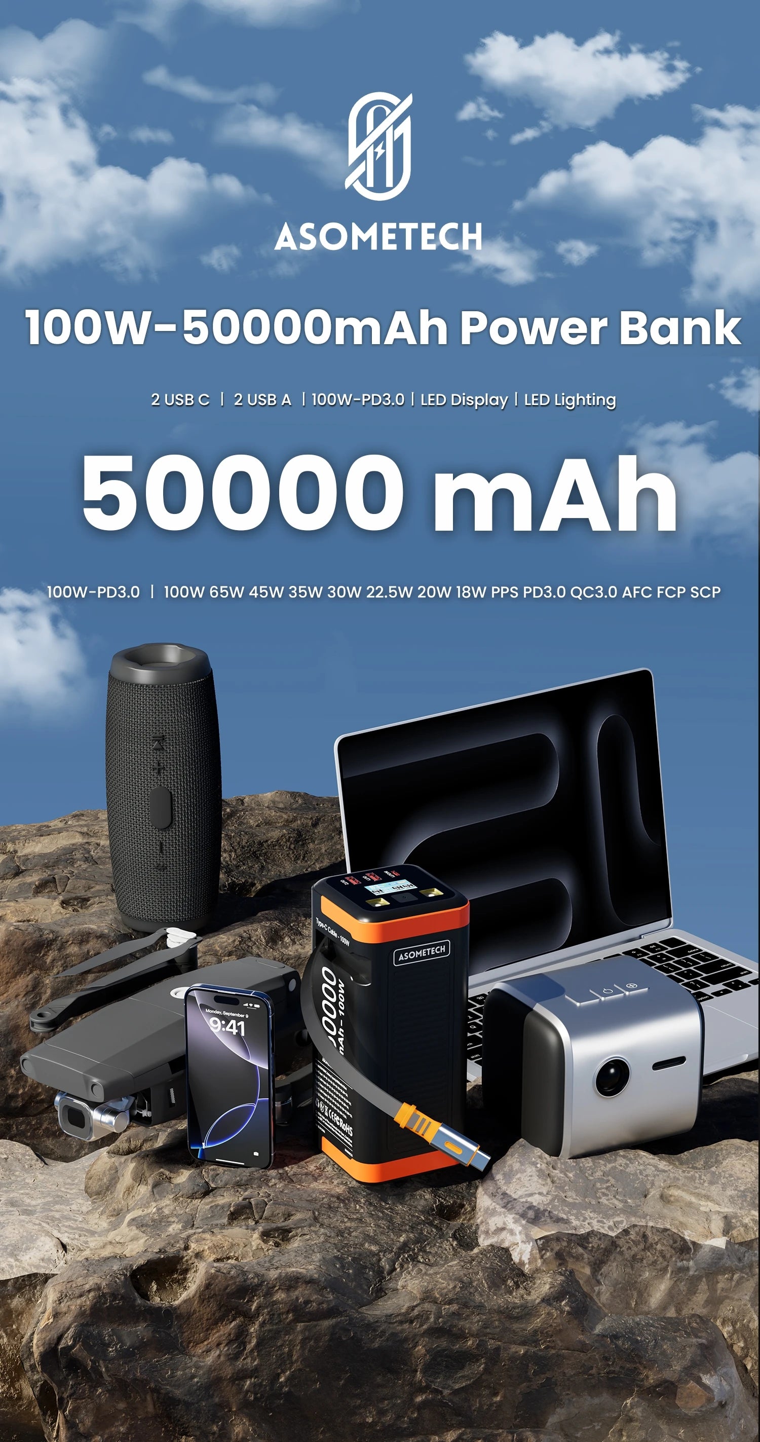 Black and orange 50,000mAh 100W portable power bank with fast charging, LED display, and USB ports on a rocky surface.