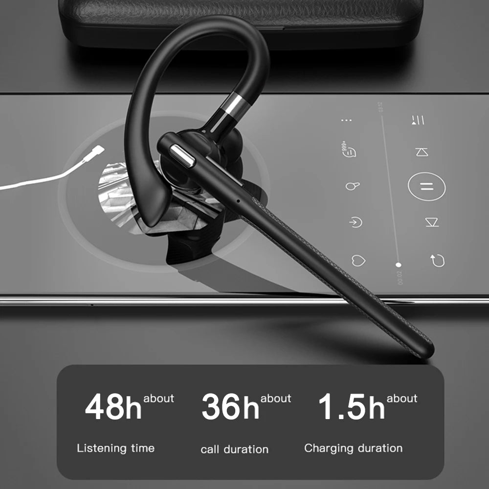 Sleek black wireless Bluetooth ear-hook headset with a microphone, displayed with battery life and charging info.