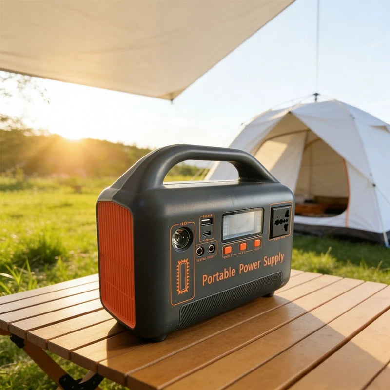 A black and orange portable power supply on a wooden table at a campsite with a tent and canopy.