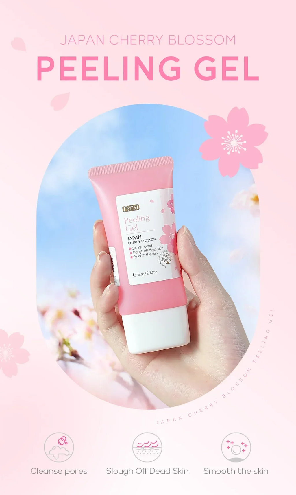 A pink 60g tube of Japan Cherry Blossom peeling gel held in a hand, designed to cleanse pores and smooth skin.