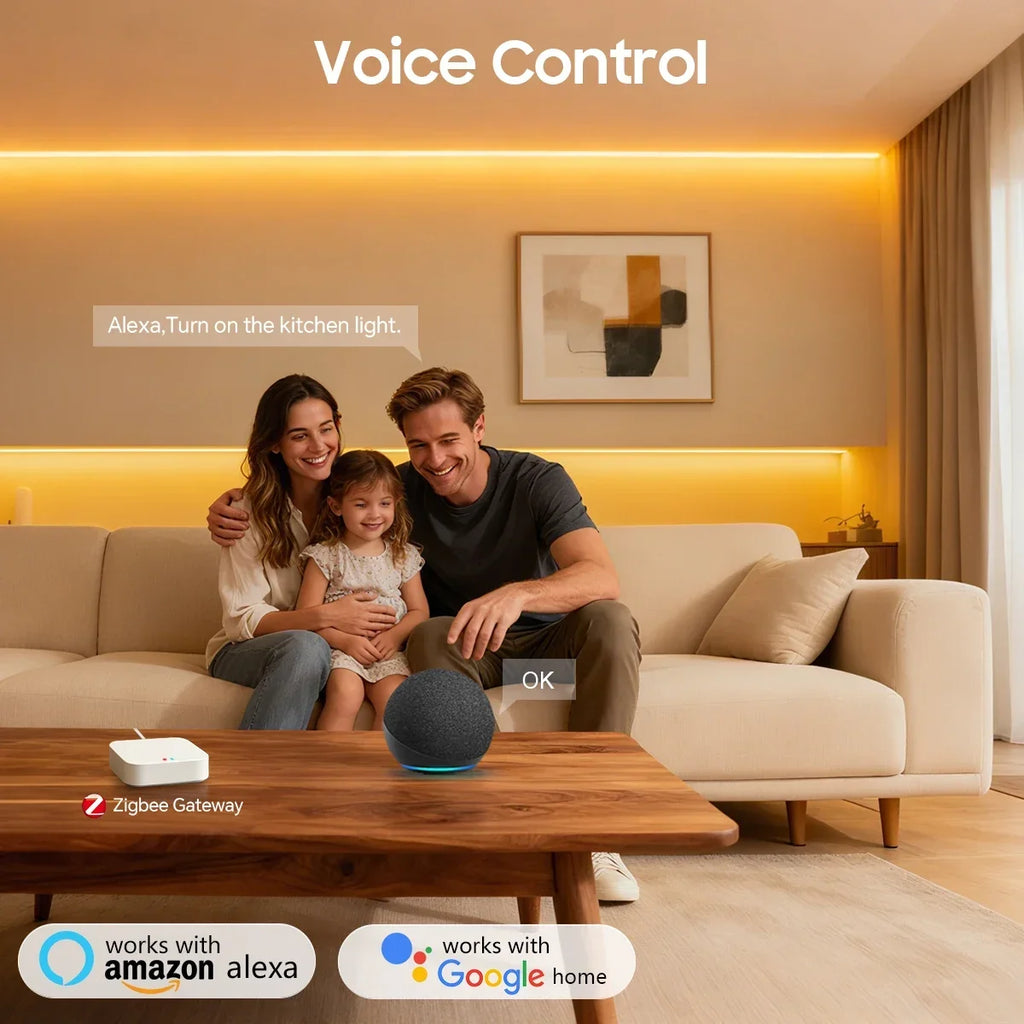 Warm yellow LED neon strip light in a modern living room, controlled by voice via a smart home hub.