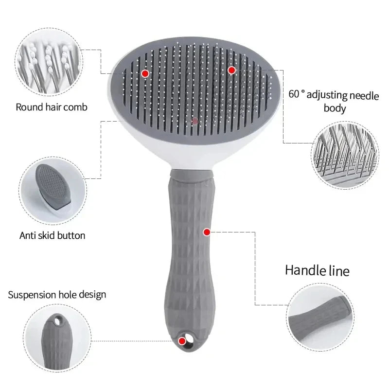 Grey and white pet grooming slicker brush with rounded-tip needles, anti-skid handle and hanging hole.