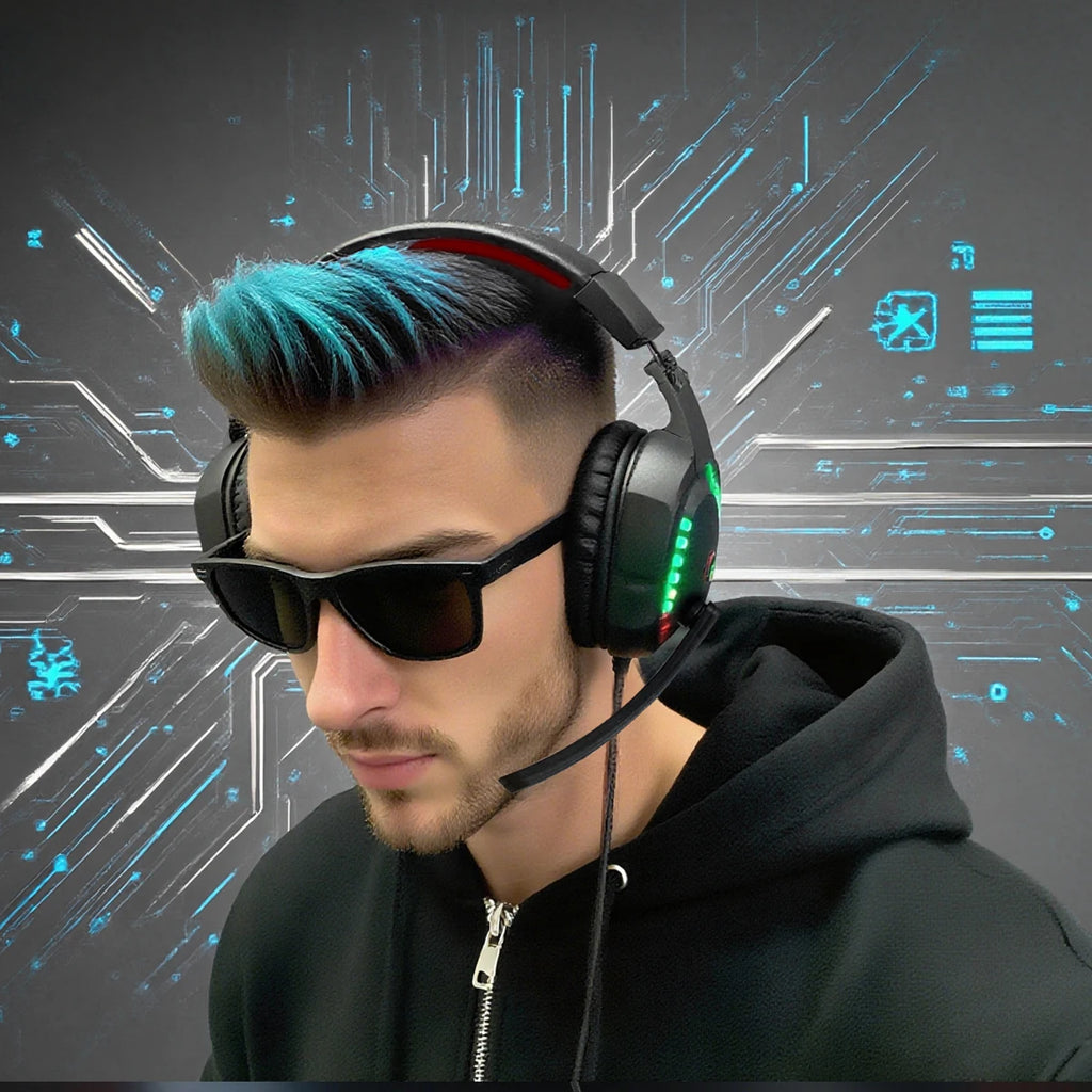 Gamer wearing black over-ear wired headset with glowing RGB lighting and an integrated microphone.