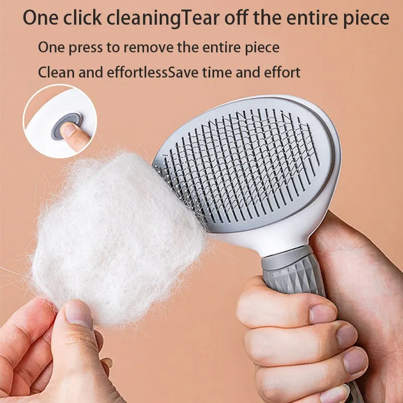 White and grey self-cleaning pet slicker brush with a clump of removed white fur being held.