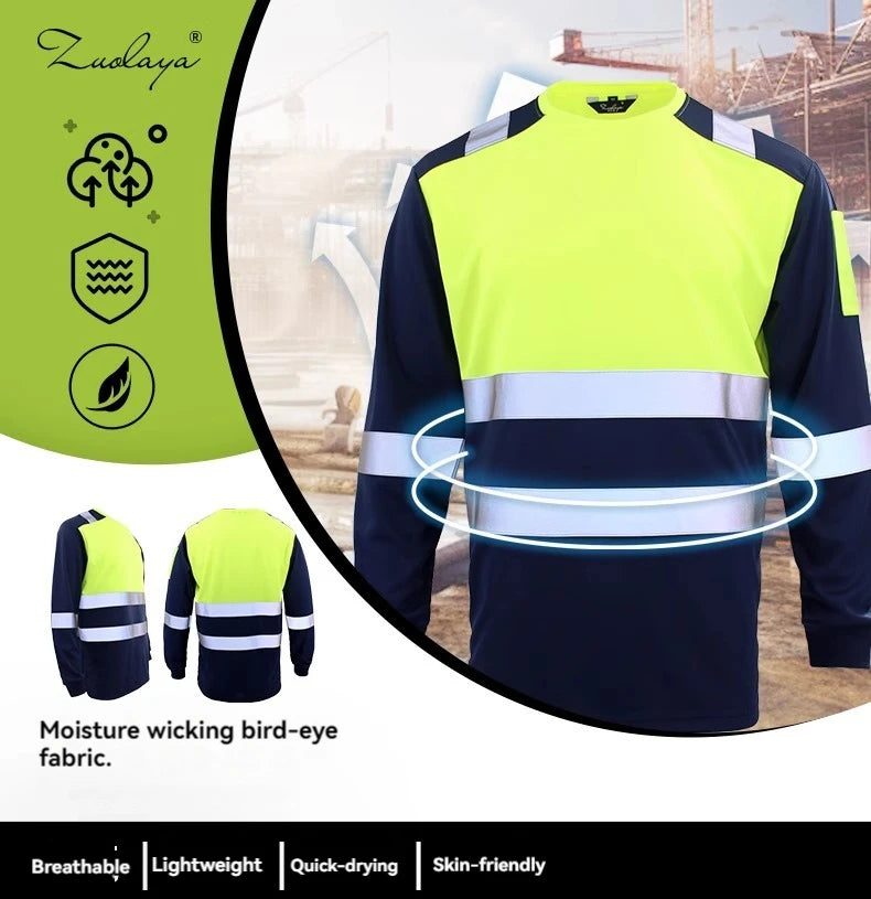 Men’s long-sleeve hi-vis work shirt in navy and neon yellow with reflective safety stripes and moisture-wicking fabric.