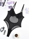Black sheer mesh corset bodysuit with underwire cups, thin straps, and a front midsection cutout.