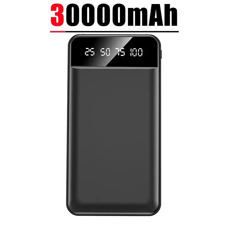 Sleek black portable power bank with a clear LED digital battery percentage display.