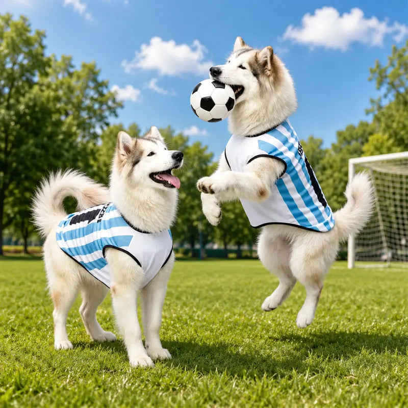 Two dogs wearing blue and white striped mesh sports jerseys with number prints while playing on a field.