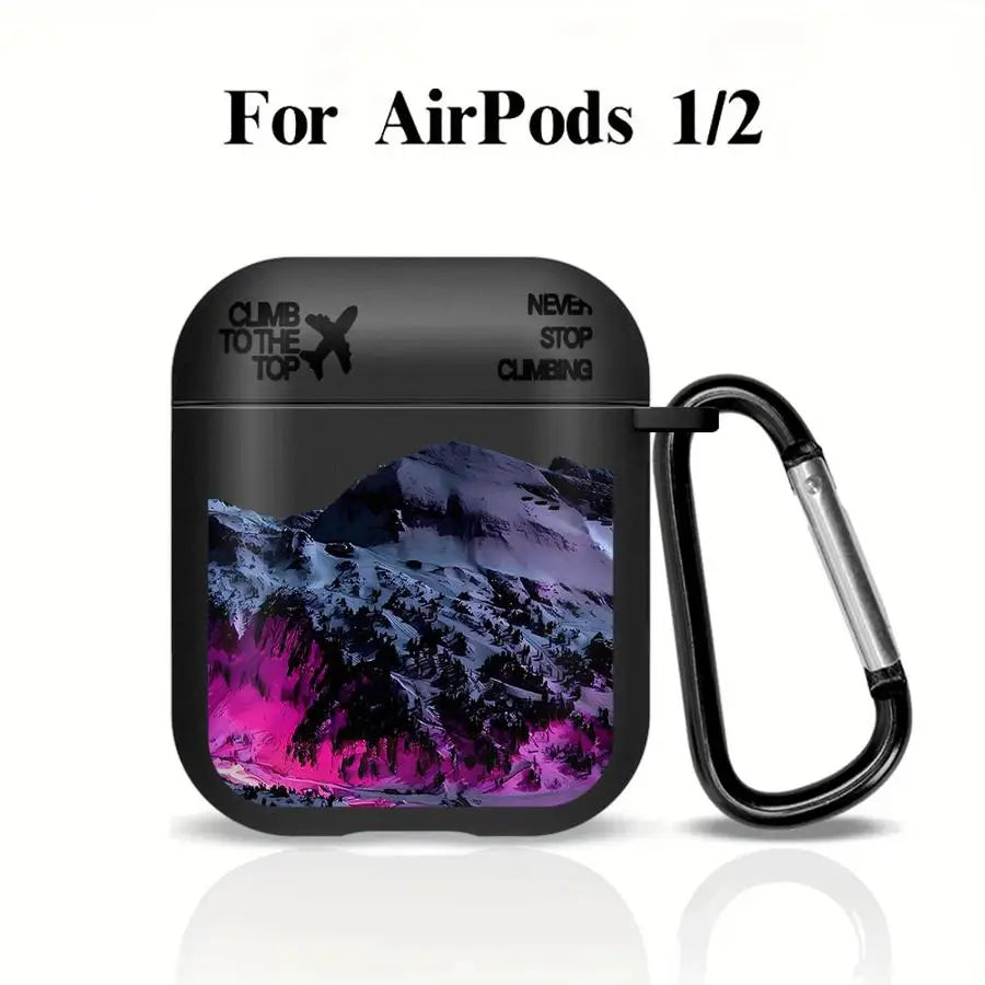 Black protective AirPods 1/2 case with mountain print, 'Climb to the Top' text and matching carabiner clip.