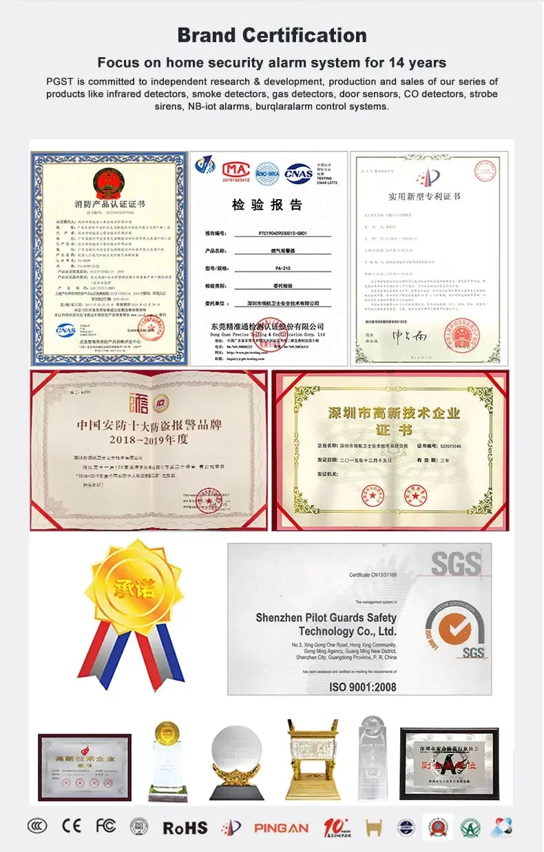 A collection of official safety certificates, quality awards, and commendations for the alarm system's reliability.