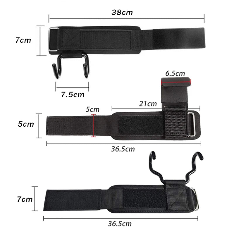 Black weightlifting wrist straps with metal hooks, shown from multiple angles with dimensions in centimetres.